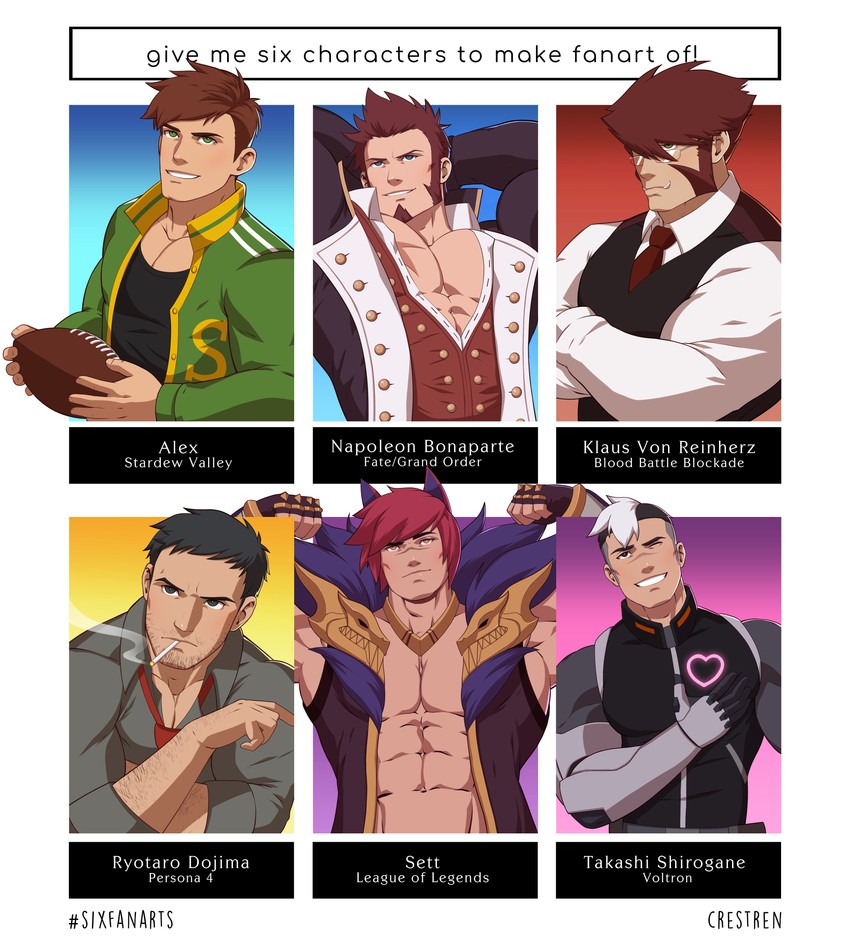 napoleon bonaparte, sett, doujima ryoutarou, takashi shirogane, klaus von reinhertz, and 1 more (fate and 8 more) drawn by crestren