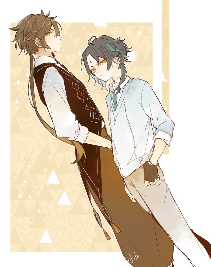 zhongli and xiao (genshin impact) drawn by aiwo_o_lite