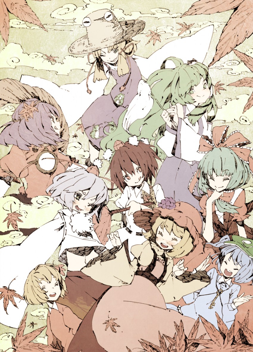 kochiya sanae, shameimaru aya, inubashiri momiji, moriya suwako, kawashiro nitori, and 4 more (touhou and 1 more) drawn by abara_heiki