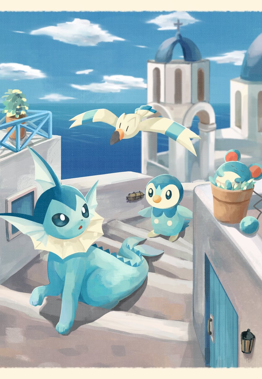 piplup, vaporeon, wingull, and marill (pokemon) drawn by ramune_(sea_glassblue)