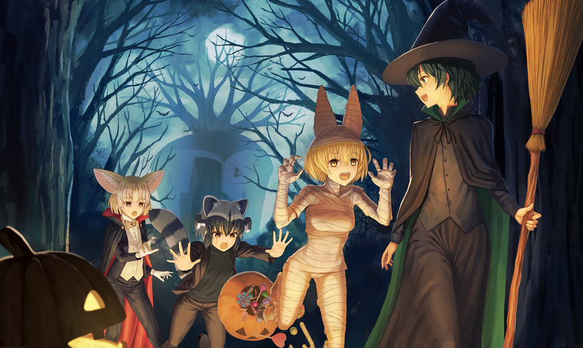 serval, kaban, common raccoon, fennec, frankenstein's monster, and 1 more (kemono friends and 1 more) drawn by sion_(9117)