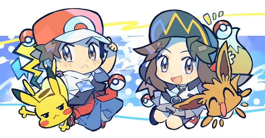 pikachu, red, eevee, leaf, gotcha! girl, and 1 more (pokemon and 2 more) drawn by rata_(m40929)