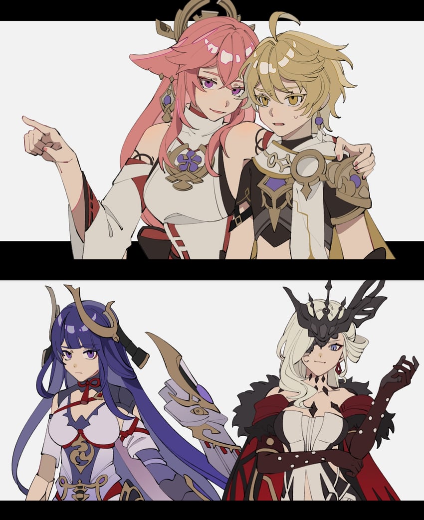 raiden shogun, aether, yae miko, and signora (genshin impact) drawn by yuyouxing