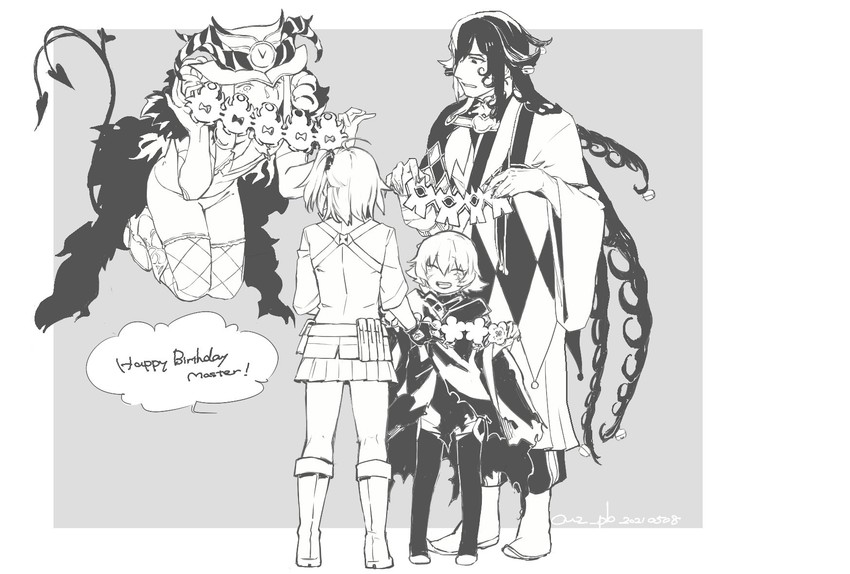 fujimaru ritsuka, jack the ripper, ashiya douman, and mephistopheles (fate and 1 more) drawn by aves_plumbum9