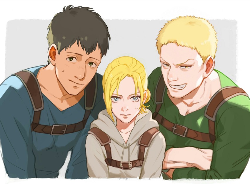 reiner braun, annie leonhart, and bertolt hoover (shingeki no kyojin) drawn by meipu_hm
