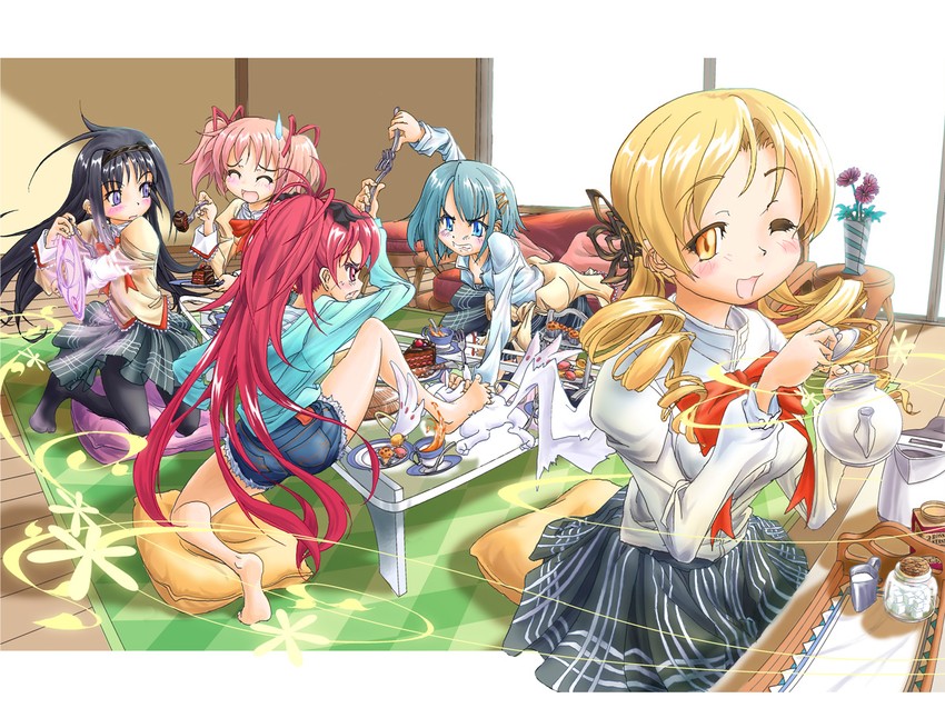 akemi homura, kaname madoka, miki sayaka, sakura kyoko, tomoe mami, and 1 more (mahou shoujo madoka magica) drawn by naka_(nicovideo14185763)