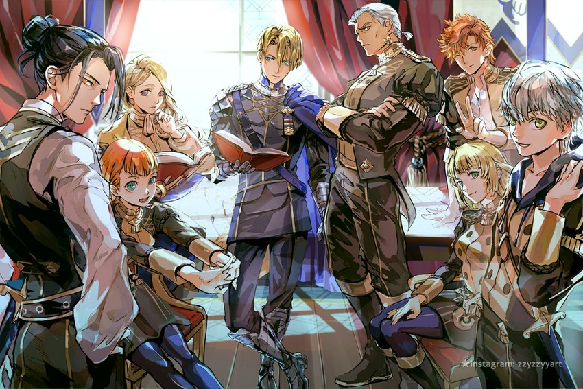 dimitri alexandre blaiddyd, ingrid brandl galatea, sylvain jose gautier, mercedes von martritz, felix hugo fraldarius, and 3 more (fire emblem and 1 more) drawn by zzyzzyy
