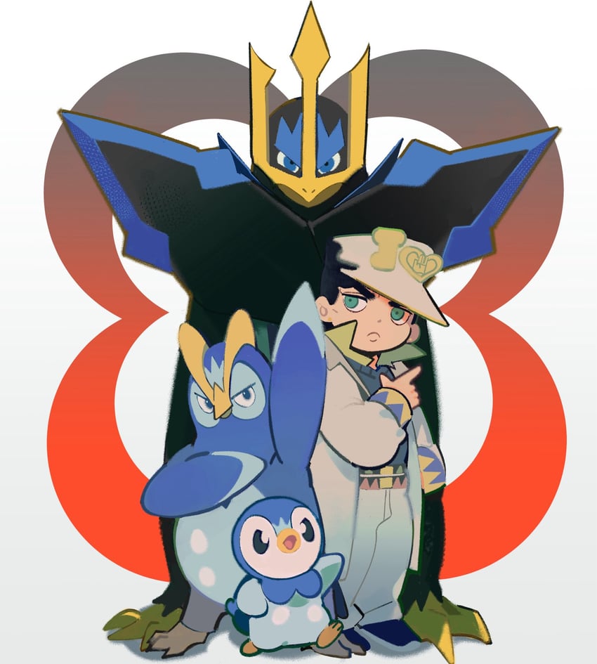 kujo jotaro, piplup, empoleon, and prinplup (pokemon and 2 more) drawn by windylie