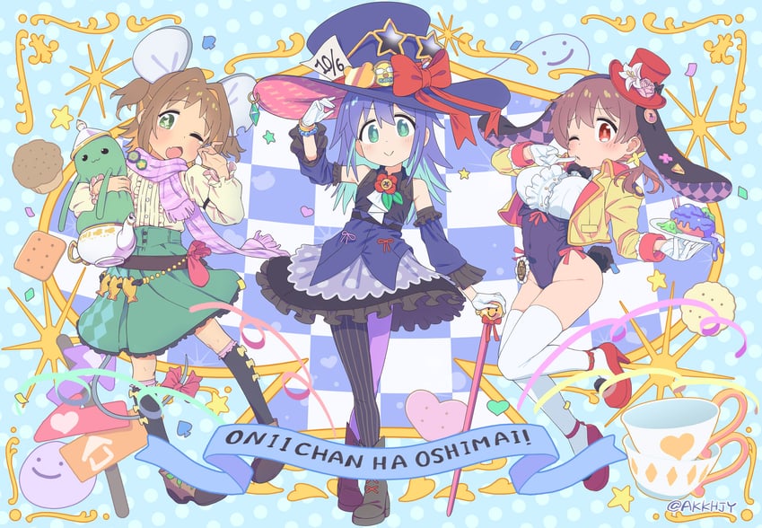 oka asahi, murosaki miyo, tenkawa nayuta, mad hatter, march hare, and 1 more (onii-chan wa oshimai! and 1 more) drawn by matado_(almukha)