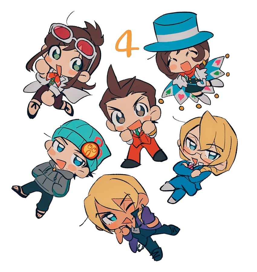 phoenix wright, apollo justice, trucy wright, klavier gavin, ema skye, and 1 more (ace attorney and 1 more) drawn by grgrton