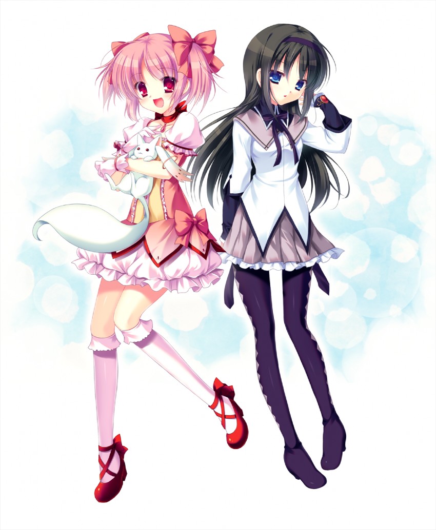 akemi homura, kaname madoka, and kyubey (mahou shoujo madoka magica) drawn by futaori_arisa