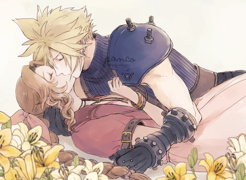 cloud strife and aerith gainsborough (final fantasy and 2 more) drawn by ancotsubu