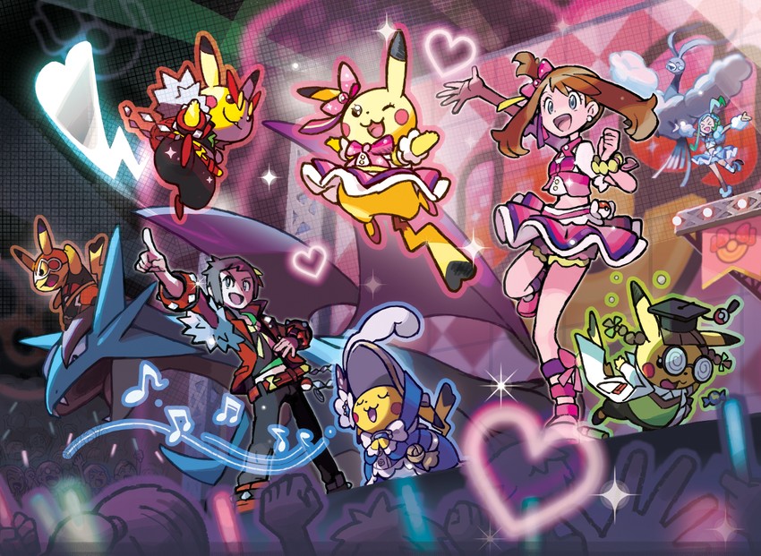 pikachu, may, brendan, altaria, lisia, and 7 more (pokemon and 1 more) drawn by oomura_yuusuke
