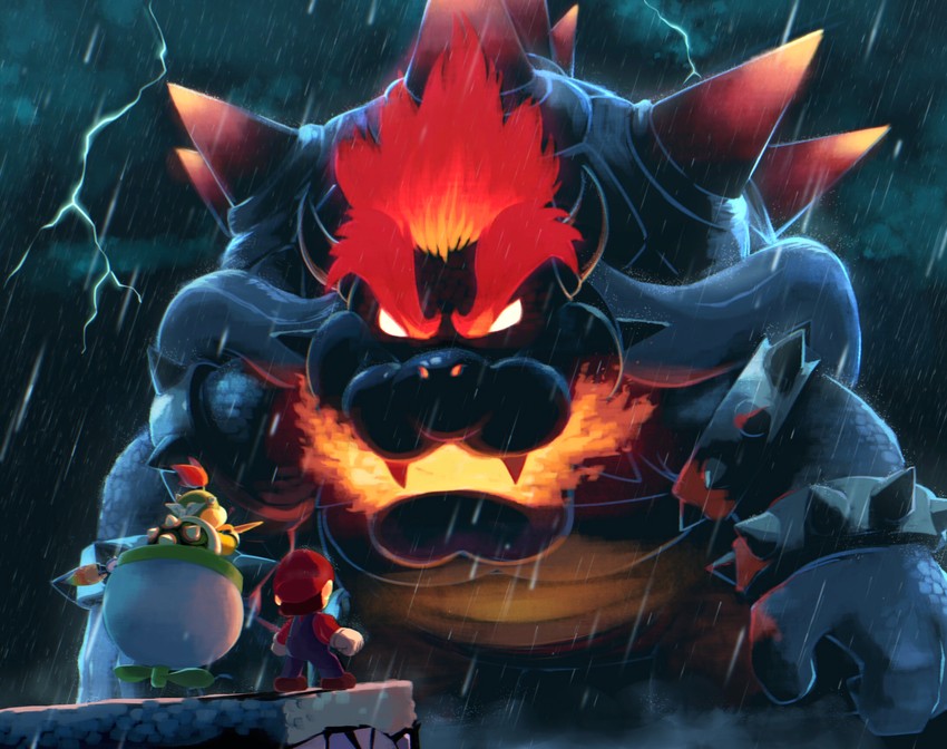 mario, bowser, bowser jr., junior clown car, and fury bowser (mario and 2 more) drawn by suyasuyabi
