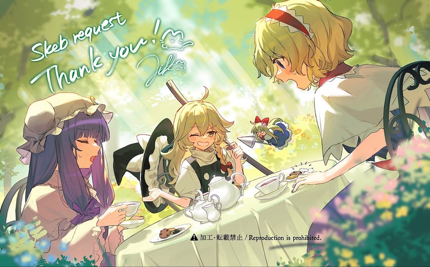 kirisame marisa, alice margatroid, patchouli knowledge, and shanghai doll (touhou) drawn by jill_07km