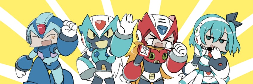 zero, x, rico, and via (mega man and 2 more) drawn by koshianpancake