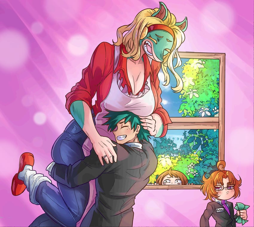 midoriya izuku, uraraka ochaco, and ippan josei (boku no hero academia) drawn by vlizz