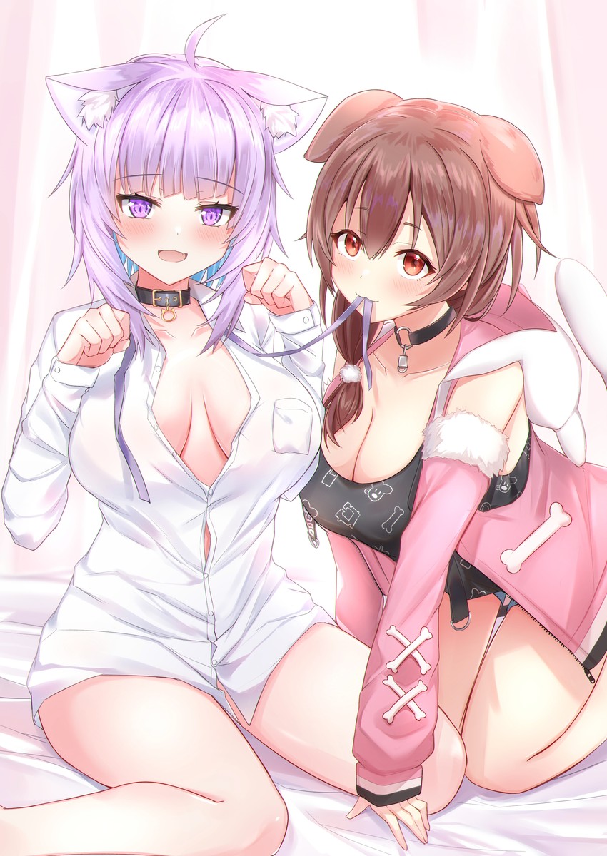 nekomata okayu and inugami korone (hololive) drawn by heckler_kai