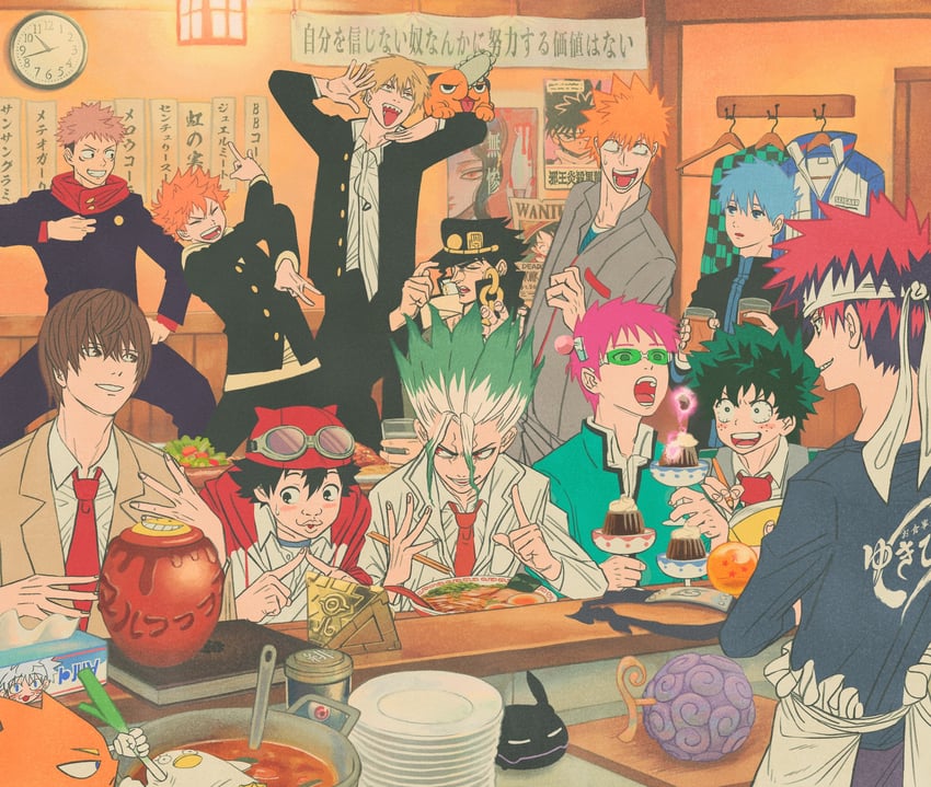 kujo jotaro, monkey d. luffy, midoriya izuku, denji, itadori yuuji, and 16 more (jojo no kimyou na bouken and 28 more) drawn by uraura_ura-chan