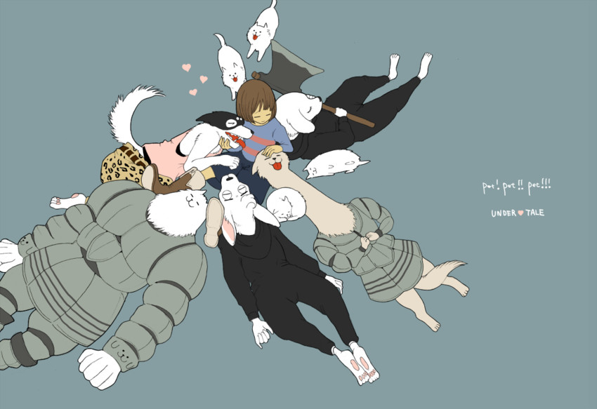 frisk, annoying dog, lesser dog, greater dog, doggo, and 2 more (undertale) drawn by akanistha
