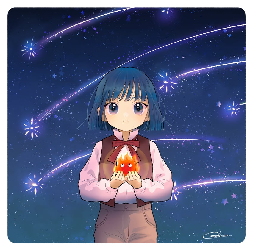 howl pendragon and calcifer (howl no ugoku shiro) drawn by odetooo