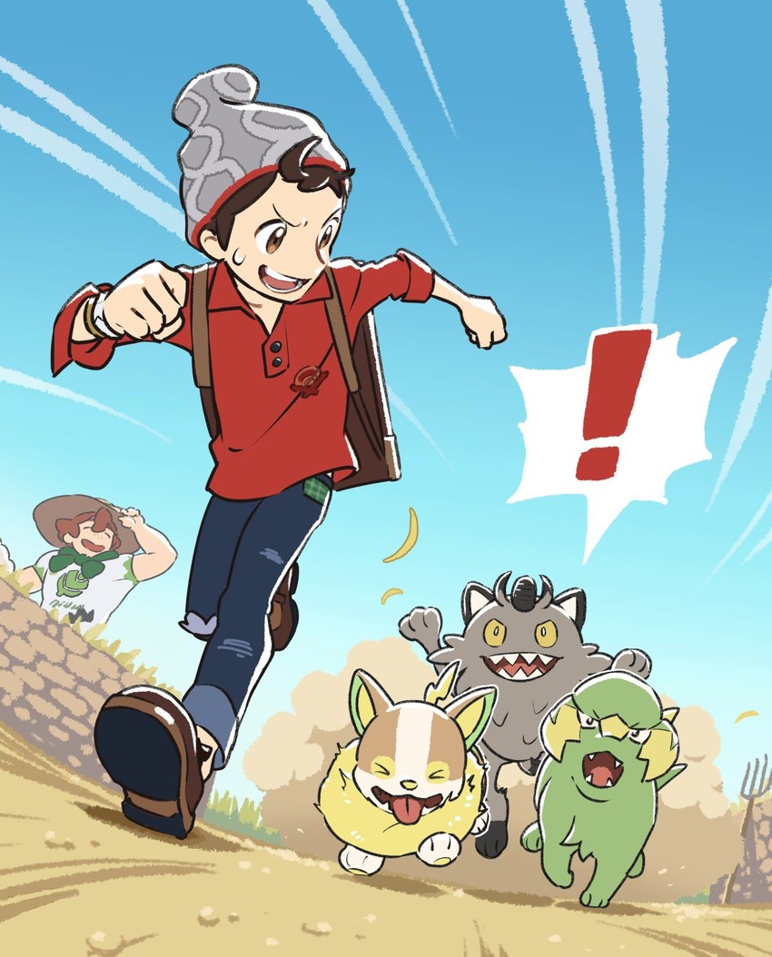 victor, yamper, milo, galarian meowth, and electrike (pokemon and 1 more) drawn by sankaku