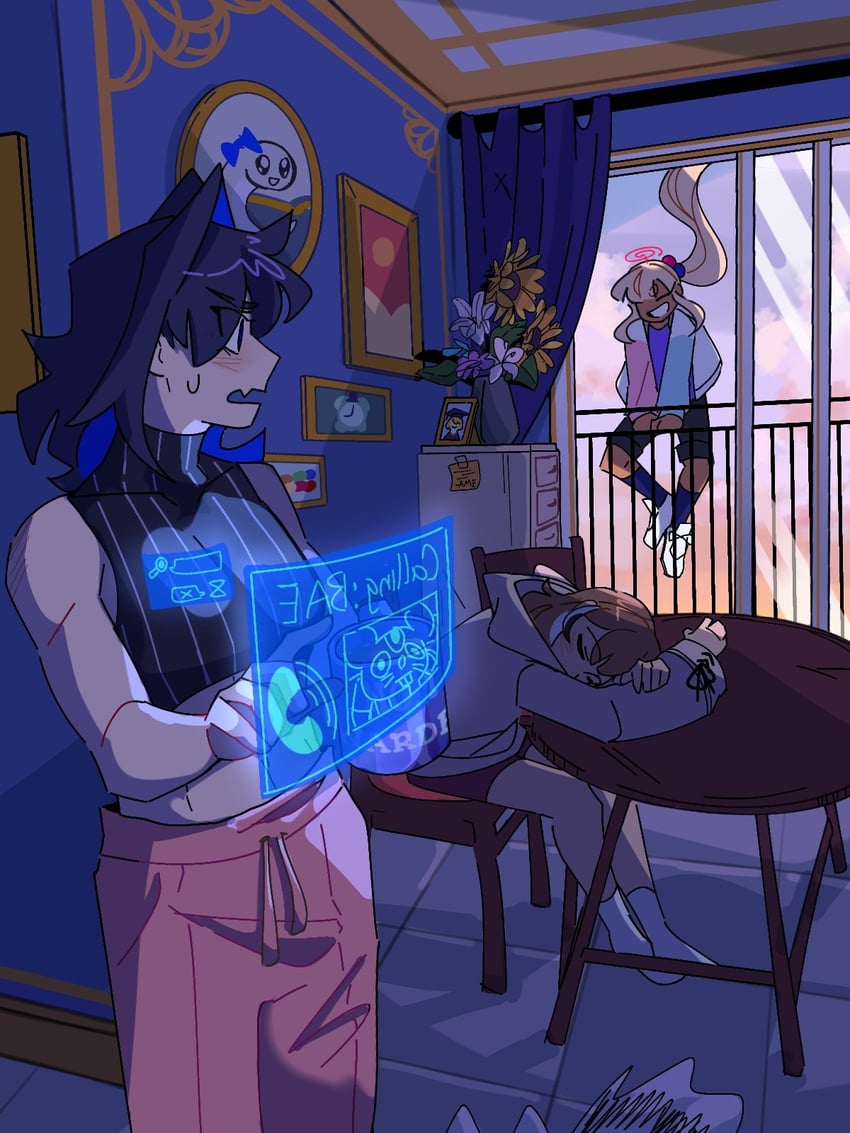 ouro kronii, nanashi mumei, tsukumo sana, boros, and kronie (hololive and 1 more) drawn by mochiparrot