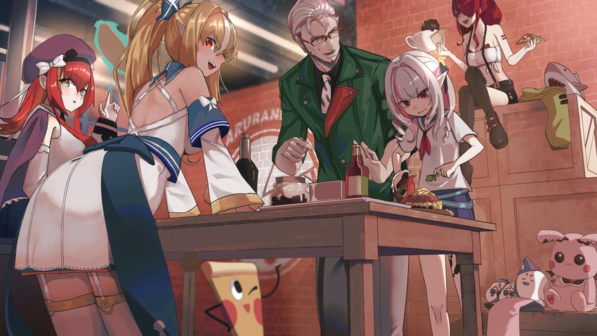 shiranui flare, makaino ririmu, lain paterson, arurandeisu, hohojiro-san, and 3 more (hololive and 3 more) drawn by thriller_romero