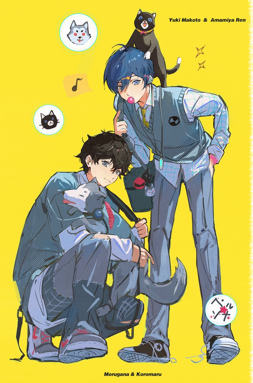 yuuki makoto, amamiya ren, morgana, and koromaru (persona and 2 more) drawn by ooc_(sylyaoh)