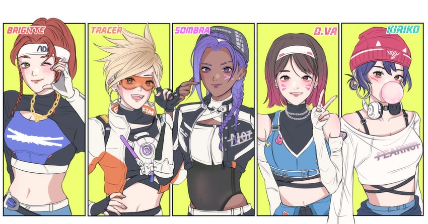 d.va, tracer, sombra, kiriko, brigitte, and 5 more (overwatch and 1 more) drawn by chell_ow