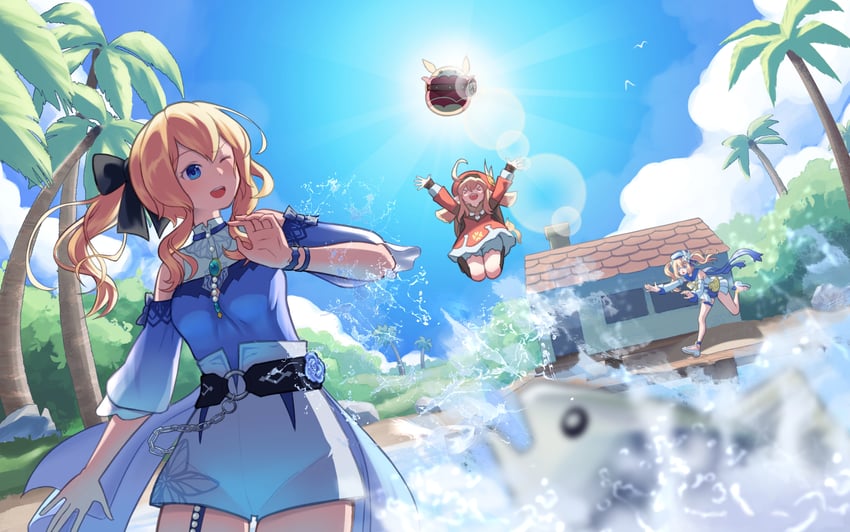 klee, barbara, jean, dodoco, and jumpy dumpty (genshin impact) drawn by shirakawafel