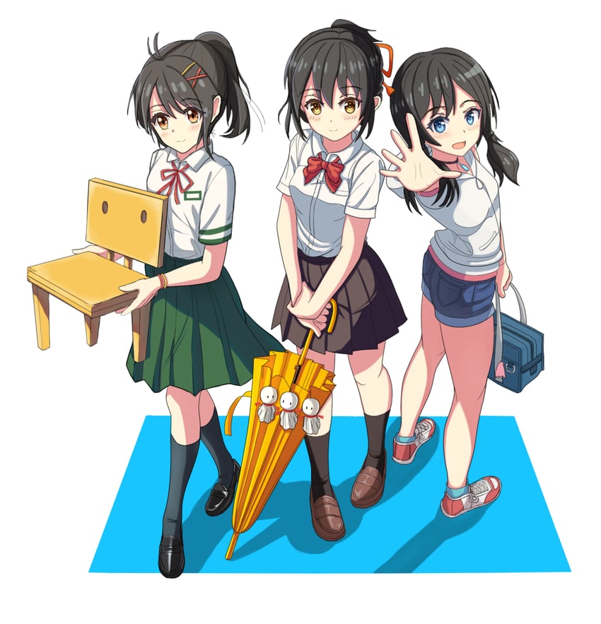miyamizu mitsuha, amano hina, iwato suzume, and munakata souta (kimi no na wa. and 2 more) drawn by tsukiko_neko