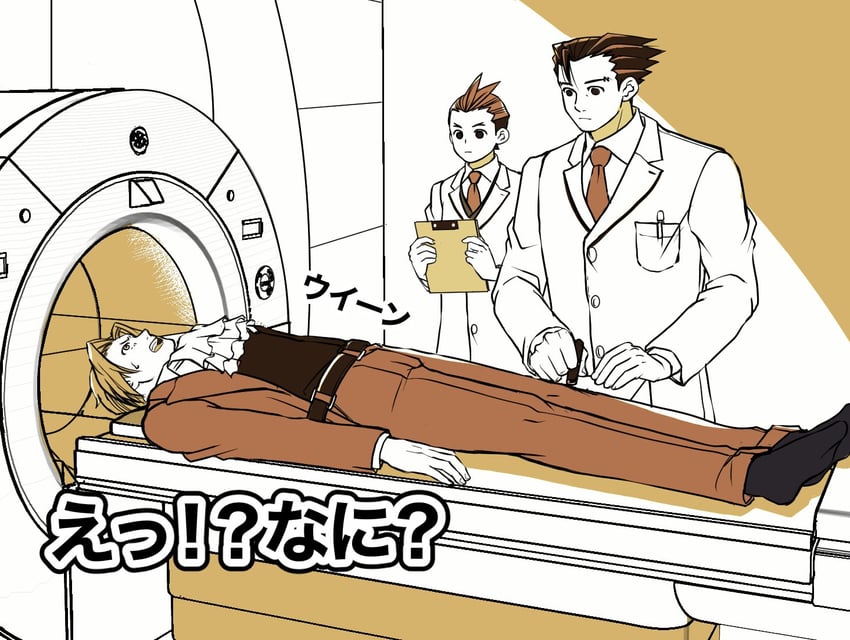 phoenix wright, miles edgeworth, and apollo justice (ace attorney and 1 more) drawn by ragi_(od6fine)