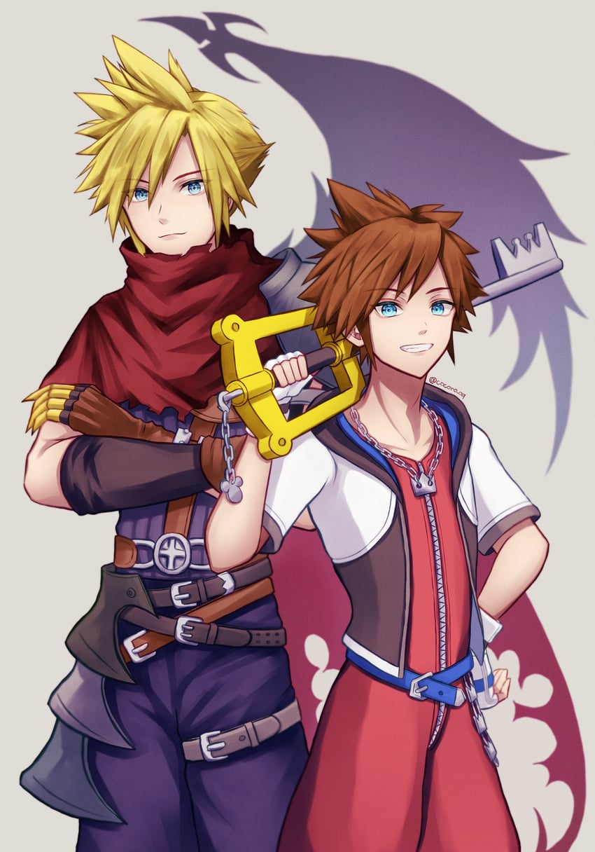 cloud strife and sora (final fantasy and 3 more) drawn by cocoro_oq
