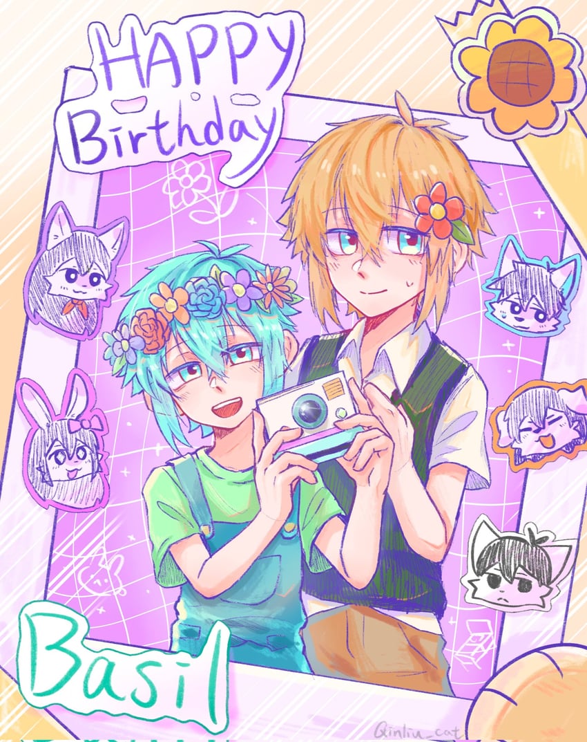 basil, omori, aubrey, mari, kel, and 1 more (omori) drawn by qinliu_cat