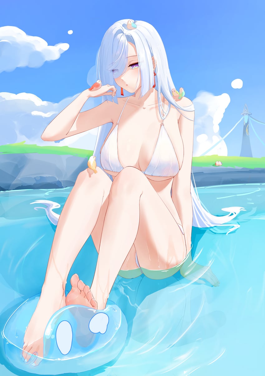 shenhe, slime, and hydro slime (genshin impact) drawn by guoyandachishi