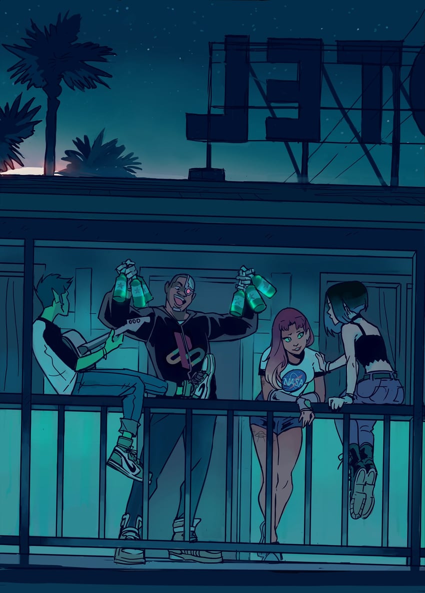 raven, starfire, beast boy, and cyborg (dc comics and 1 more) drawn by gabriel_picolo