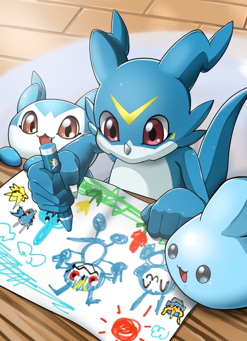 v-mon, chibimon, and chicomon (digimon) drawn by manchi_kansuke