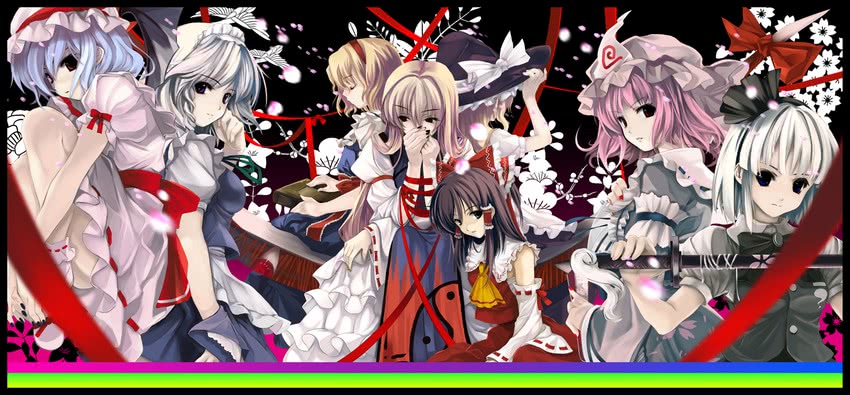 hakurei reimu, kirisame marisa, remilia scarlet, izayoi sakuya, konpaku youmu, and 3 more (touhou and 1 more) drawn by cradle_(circle) and misaki_kurehito
