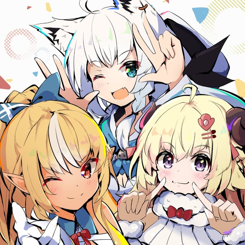 shirakami fubuki, shiranui flare, and tsunomaki watame (hololive) drawn by 0344