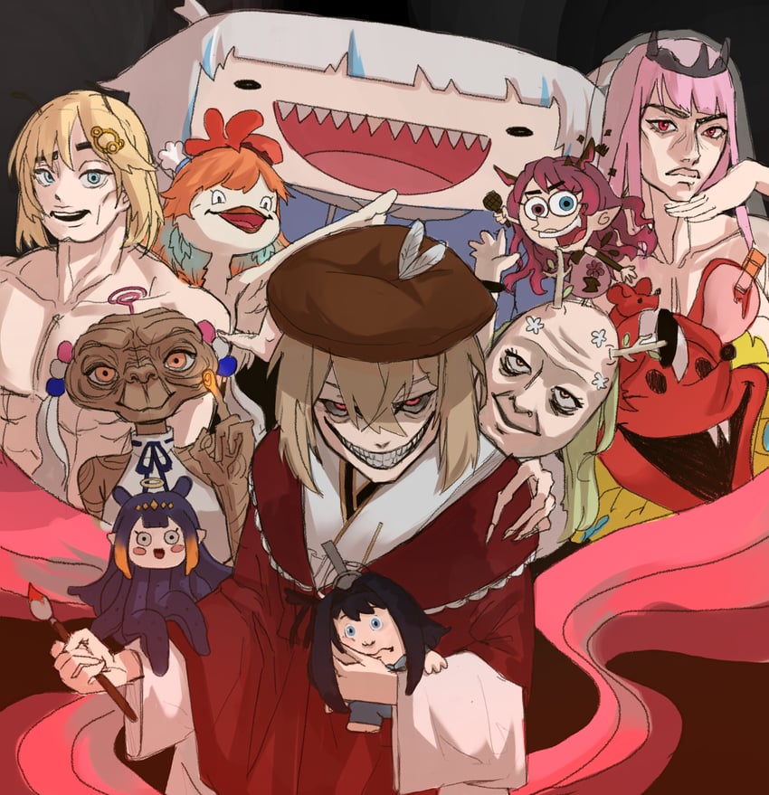 gawr gura, mori calliope, ninomae ina'nis, ouro kronii, nanashi mumei, and 7 more (hololive and 7 more) drawn by tanukidraws