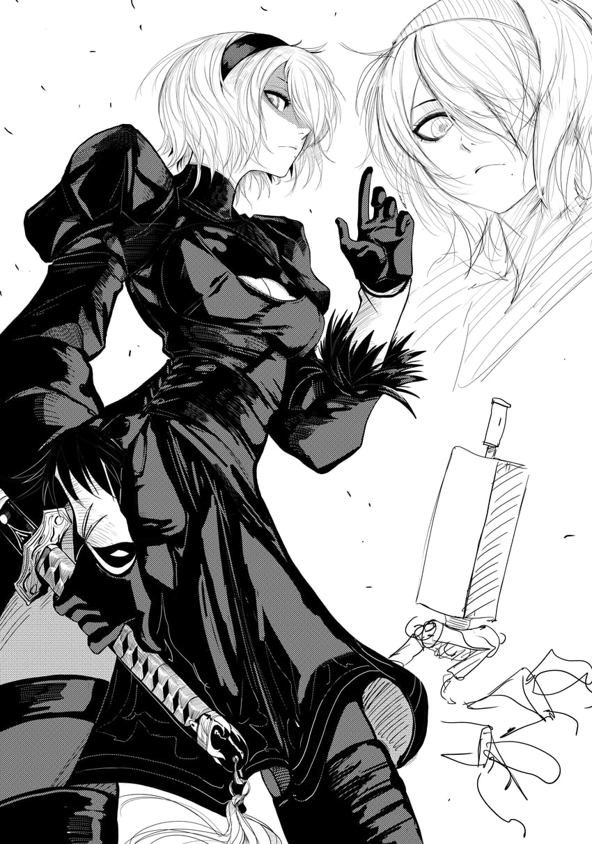 2b and pod (nier and 1 more) drawn by jesse_schickler