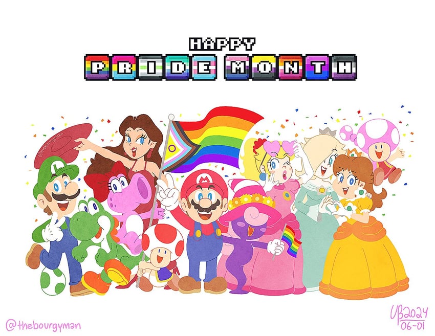 princess peach, mario, rosalina, luigi, princess daisy, and 6 more (mario and 2 more) drawn by thebourgyman