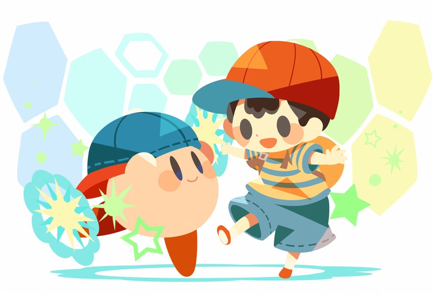 kirby, ness, and esp kirby (kirby and 3 more) drawn by hitofutarai