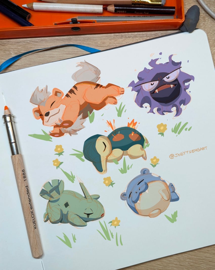 cyndaquil, gastly, growlithe, spheal, and larvitar (pokemon) drawn by jodytsengart