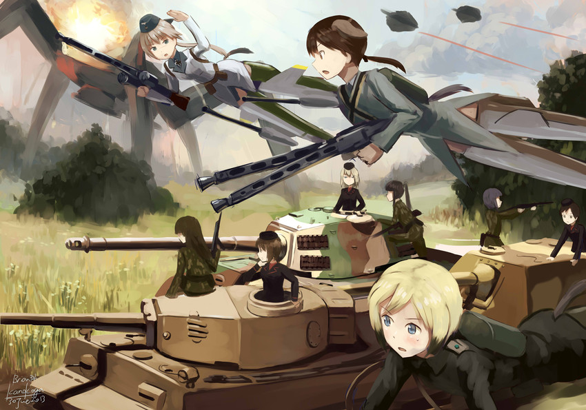nishizumi maho, itsumi erika, erica hartmann, gertrud barkhorn, kojima emi, and 5 more (girls und panzer and 4 more) drawn by kanokoga