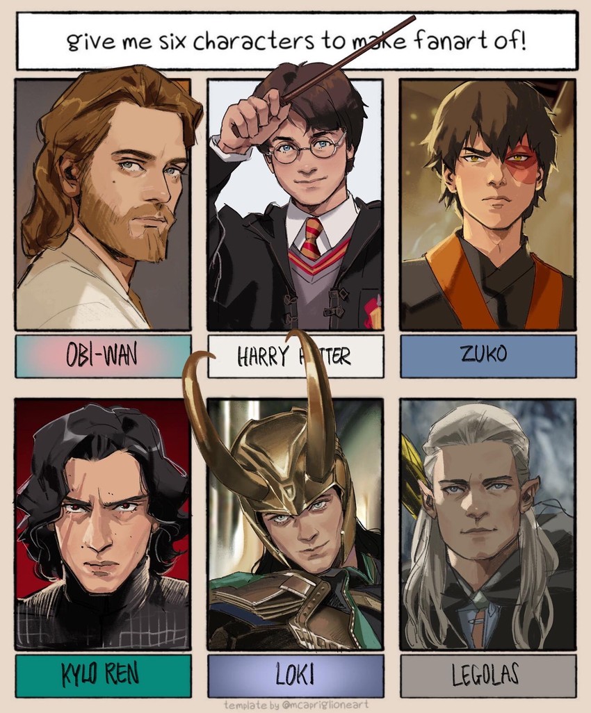 loki, obi-wan kenobi, harry potter, zuko, legolas, and 1 more (marvel and 7 more) drawn by thisuserisalive