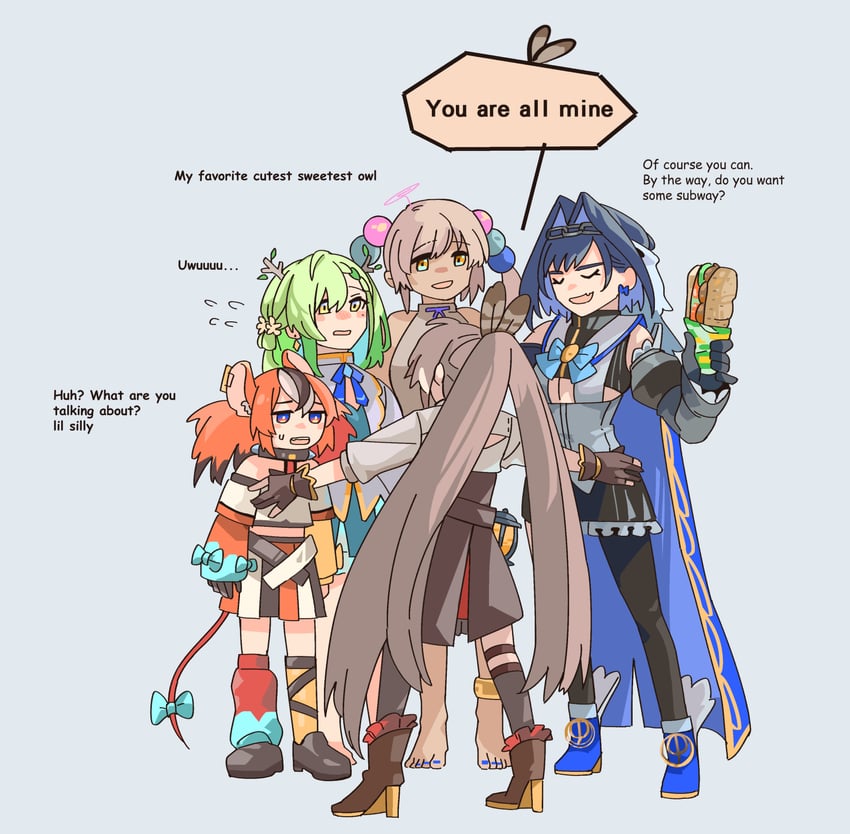 ouro kronii, nanashi mumei, hakos baelz, ceres fauna, and tsukumo sana (hololive and 1 more) drawn by fongban_illust