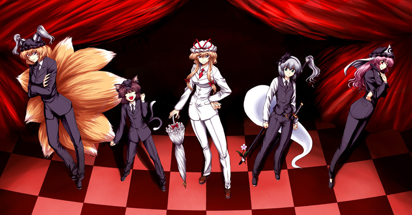 konpaku youmu, yakumo yukari, saigyouji yuyuko, yakumo ran, and chen (touhou and 1 more) drawn by miyamoto_ryuuichi