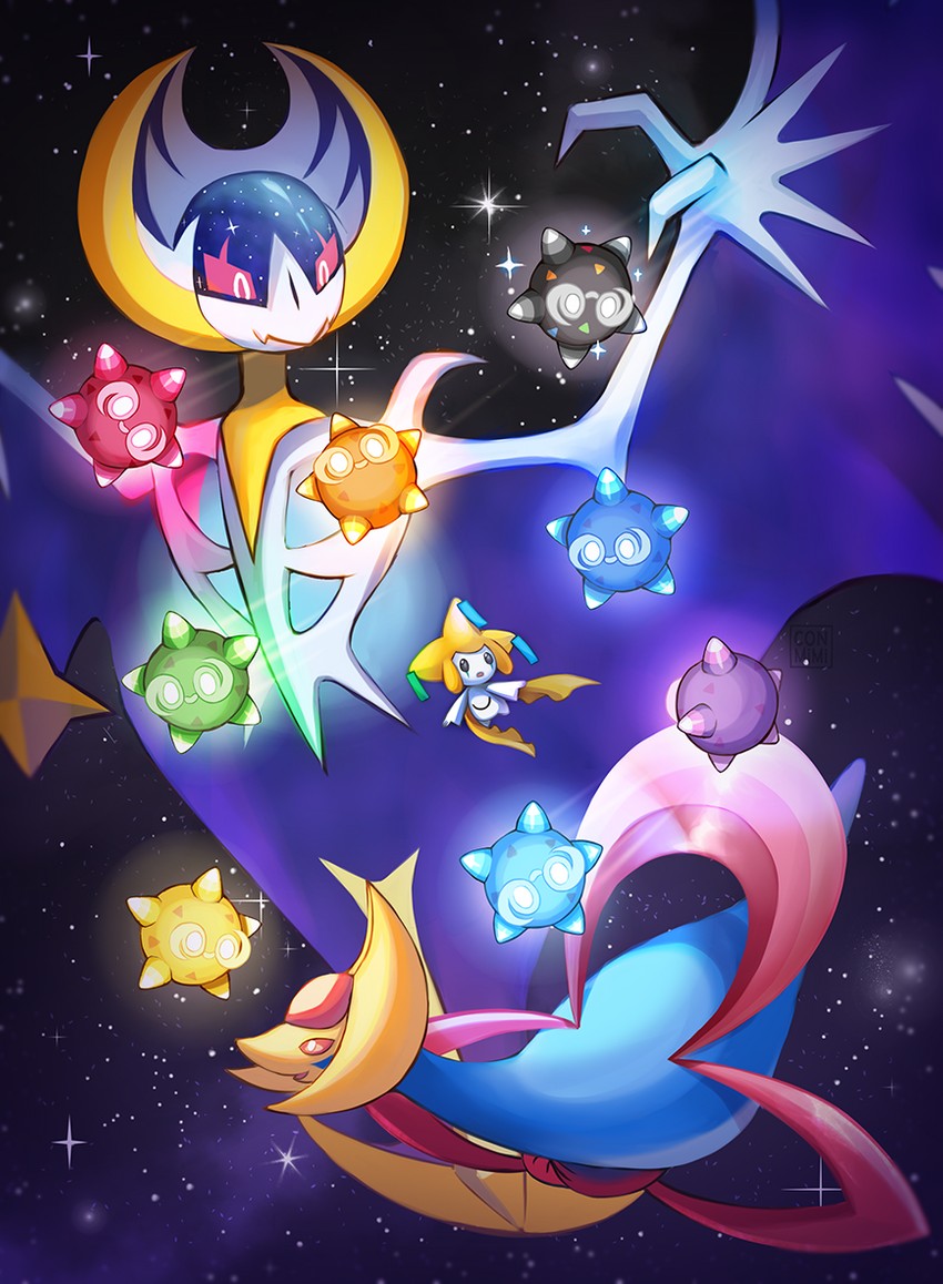 jirachi, lunala, minior, and cresselia (pokemon) drawn by conmimi